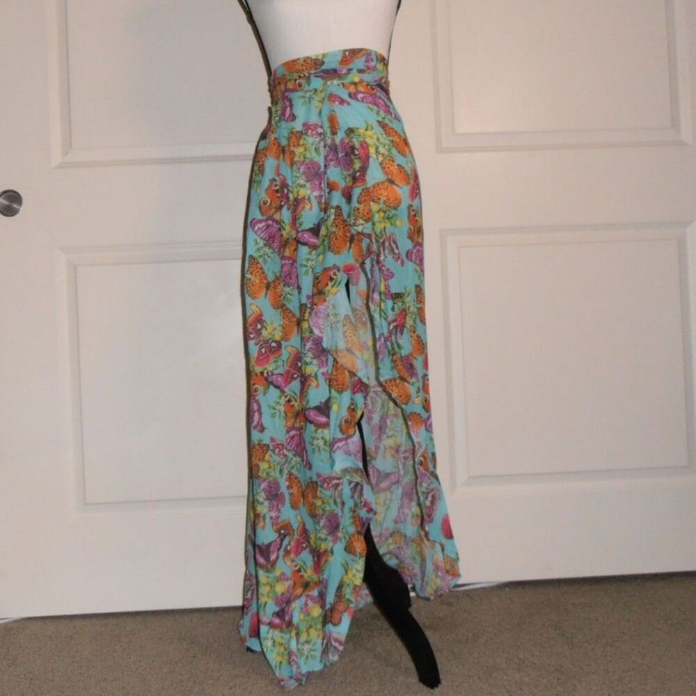 🟢 Doux Butterfly Print Ruffle High-Low Wrap Skirt Boho Festival Sz XS